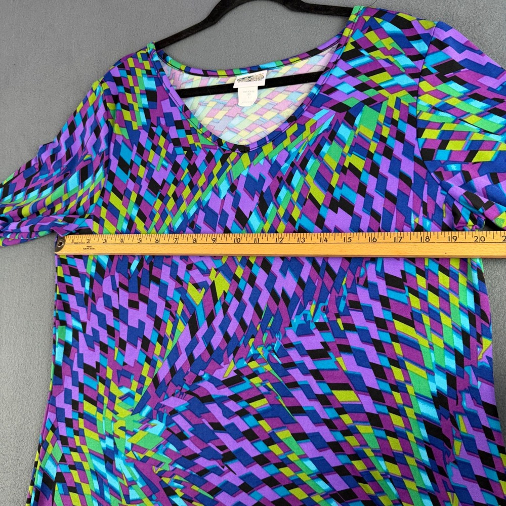 Collections Etc Geometric Psychedelic Print Bell Sleeve Top Purple Blue Green L